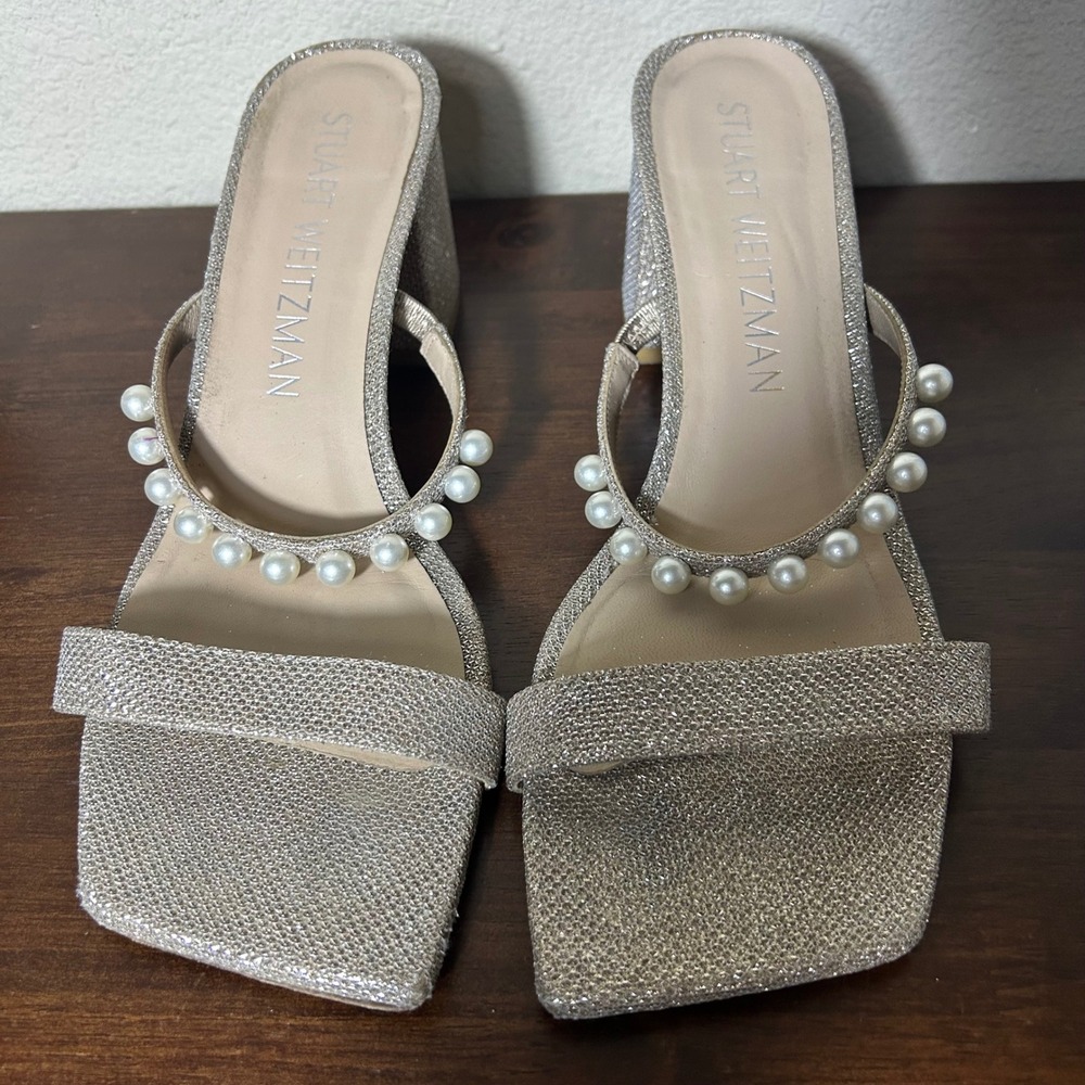 Stuart Weitzman Sandals Sz 11 Goldie 60 Pearl Glitter Block Slide Champagne Gold - Picture 5 of 11